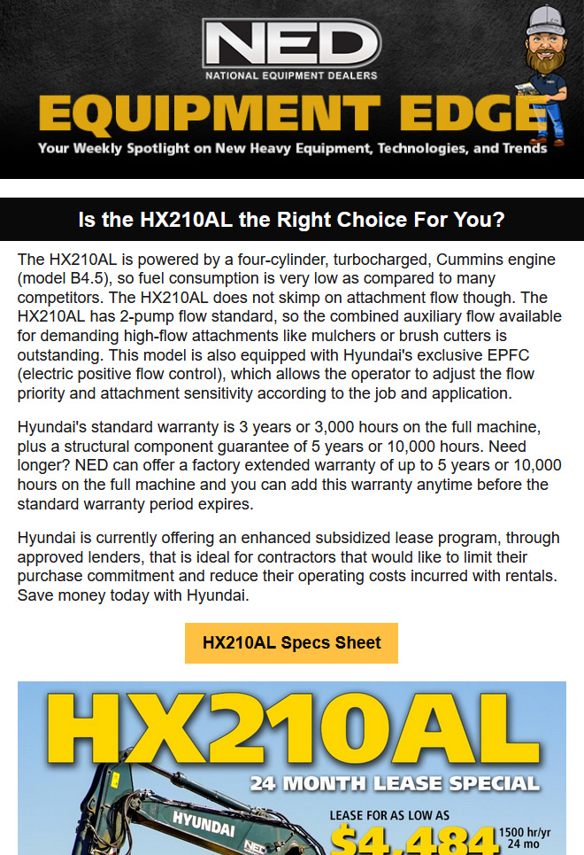 Is the Hyundai HX210AL Excavator right for you! - NED Equipment Edge - July 29, 2023